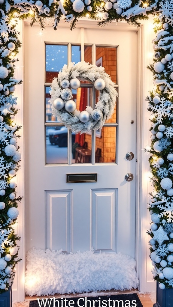 White Christmas Door Decorating Contest Ideas A festive door decorated for Christmas with a white wreath, faux snow, and fairy lights.